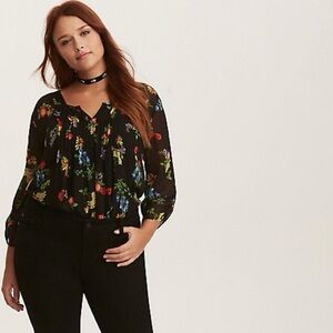 Torrid Black Floral Pintuck Chiffon Blouse